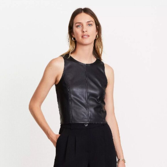 LOFT Topstitched Faux Leather Shell in Black - Picture 1 of 7